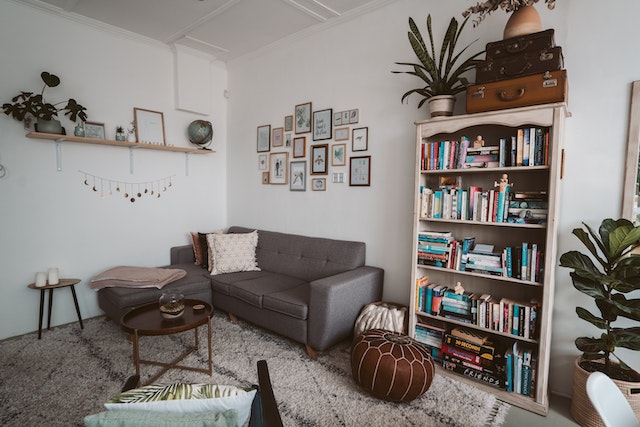 white walled living room with couch and bookcase